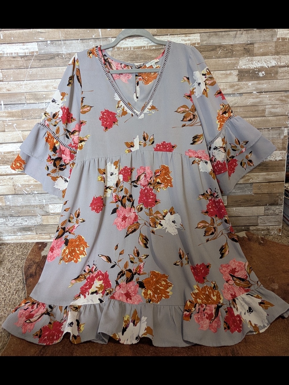 Jodifil Gray W Floral Design Babydoll Tunic Or Dress